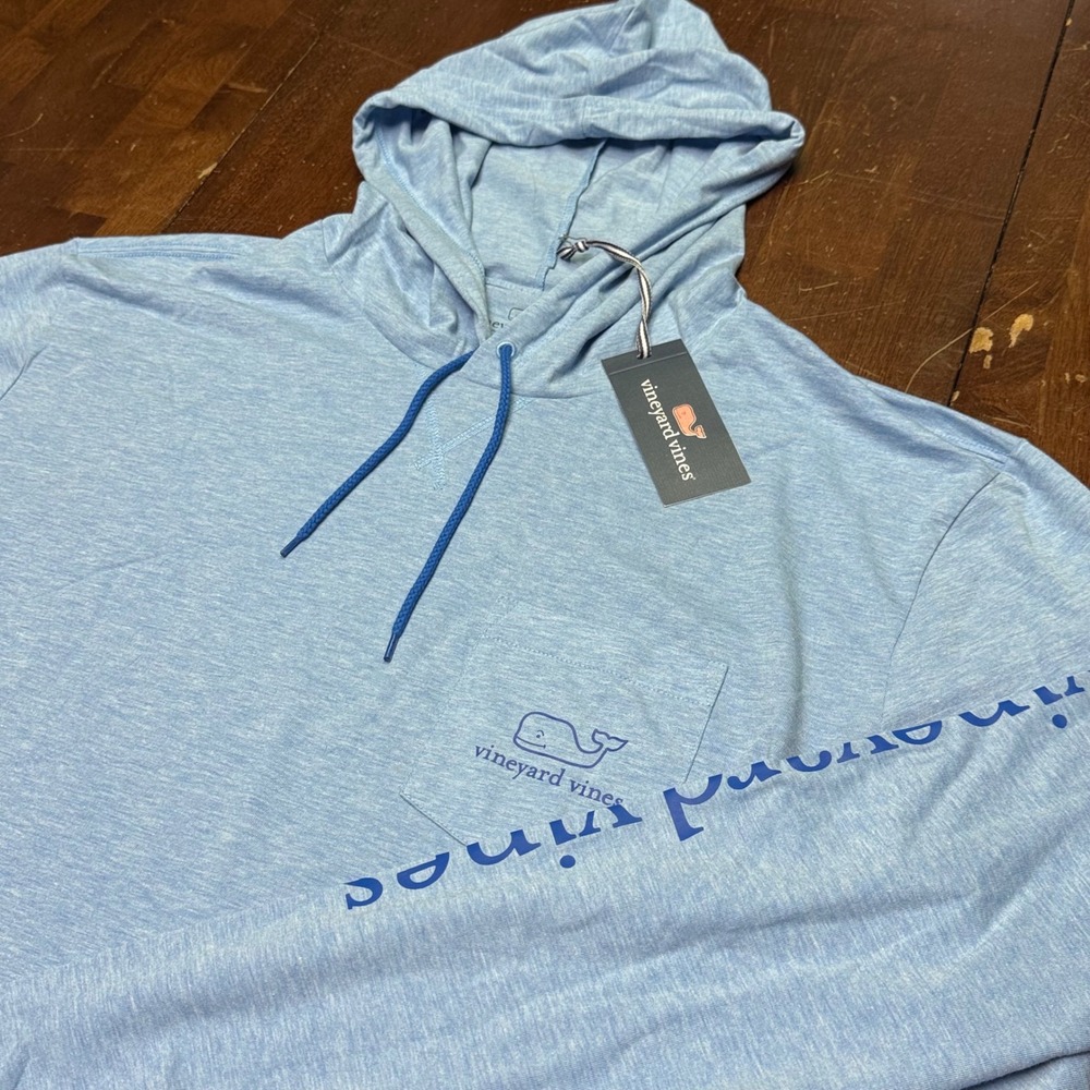 New Vineyard Vines LS Hoody Pocket Tee Mens XXL Blue Heather Whale Sailing Boat